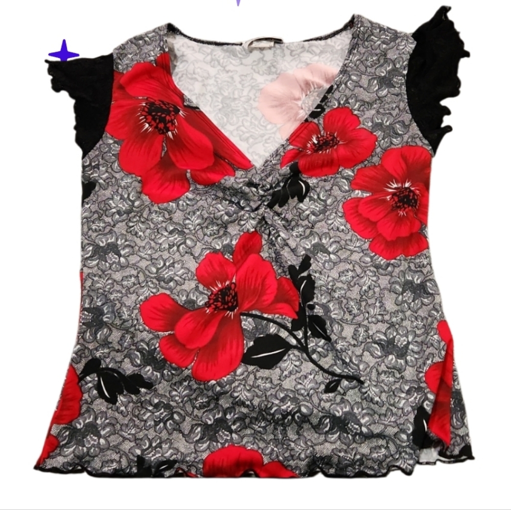 Vintage Fashion Bug Floral Cap Laced Sleeves Dress Top  Made In U.S.A Med